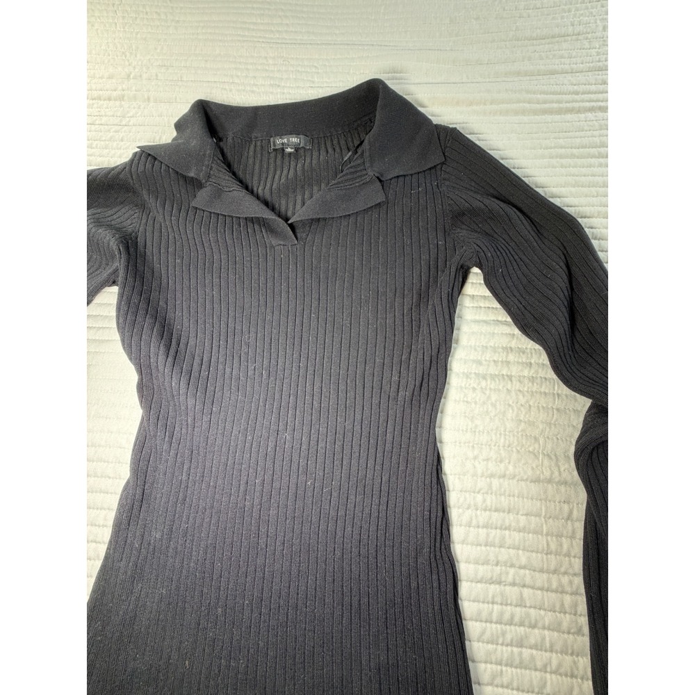 Love Tree Polo Collar Mini Dress Womens Large Black Excellent Ribbed Long Sleeve